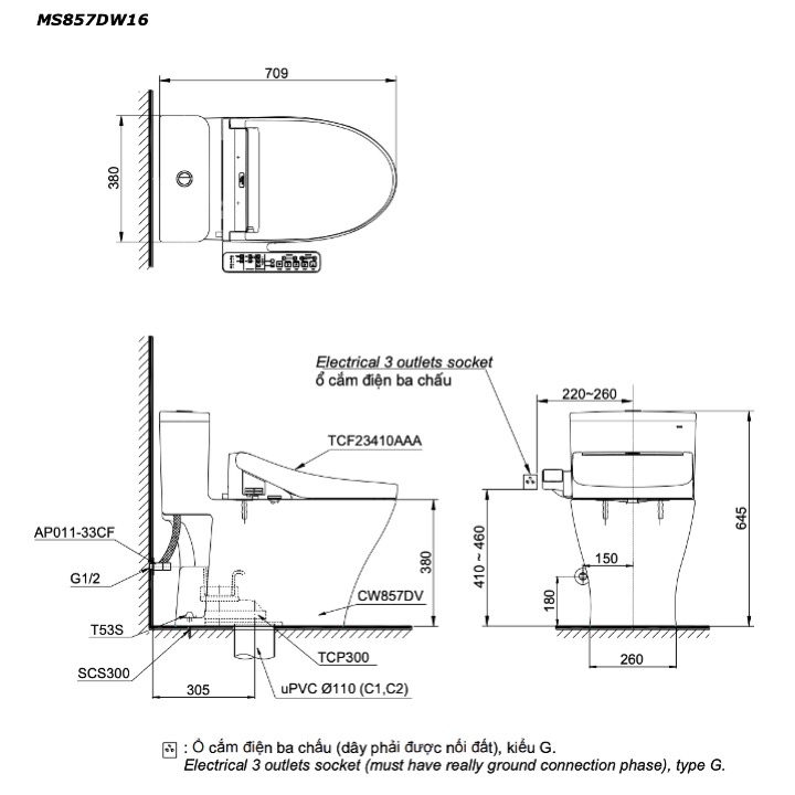 Bản vẽ kỹ thuật bàn cầu 1 khối MS857CDW16