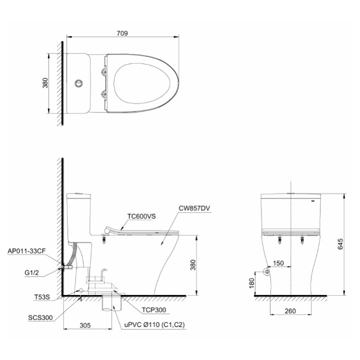 Bản vẽ kỹ thuật bàn cầu 1 khối MS857DT2