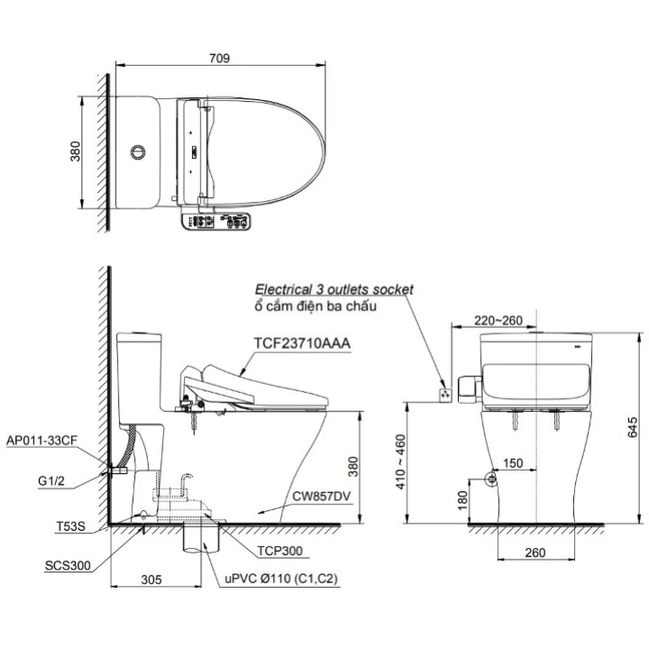 Bản vẽ kỹ thuật bàn cầu 1 khối MS857DW18