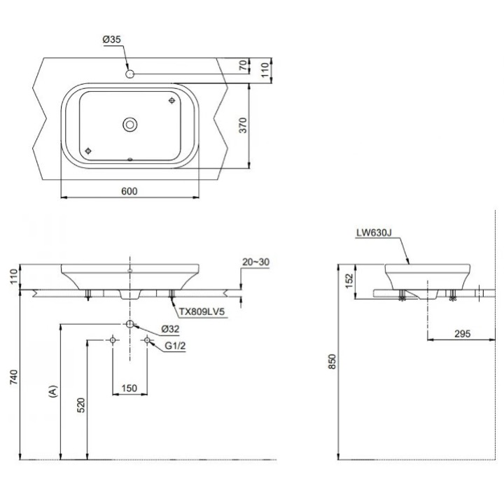 LW630JDW:F#SCR-ban-ve-ky-thuat Bản vẽ kỹ thuật Chậu lavabo đặt bàn TOTO LW630JDW/F#SCR