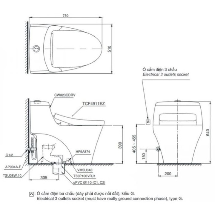 MS823CDRW23-ban-ve-ky-thuat Bản vẽ kỹ thuật Bàn cầu 1 khối nắp điện tử TOTO MS823CDRW23